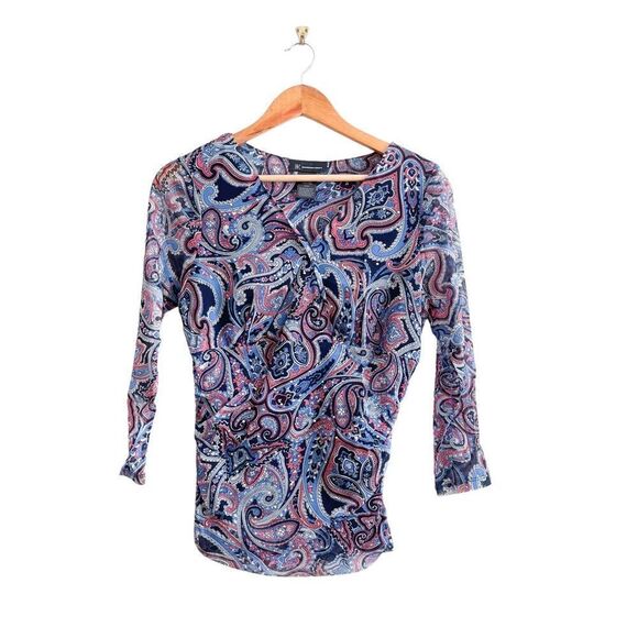 INC International Concepts Blouse Paisley Rhinestones Stretchy Ruching Women's L - Picture 1 of 8